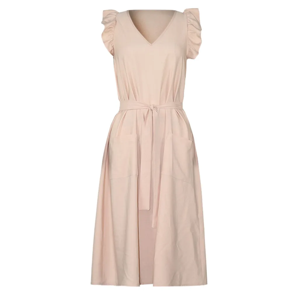 Женское платье без рукавов коктейльное с оборками и v образным вырезом вечерние