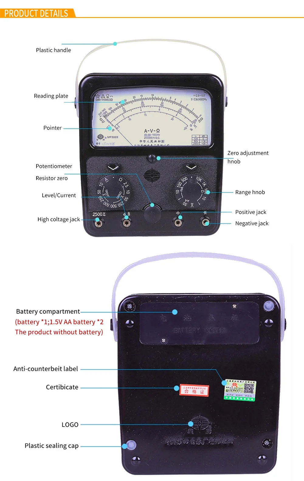 MF500 аналоговый мультиметр Вольт Ампер Ом метр 2500v 20hm 500ma