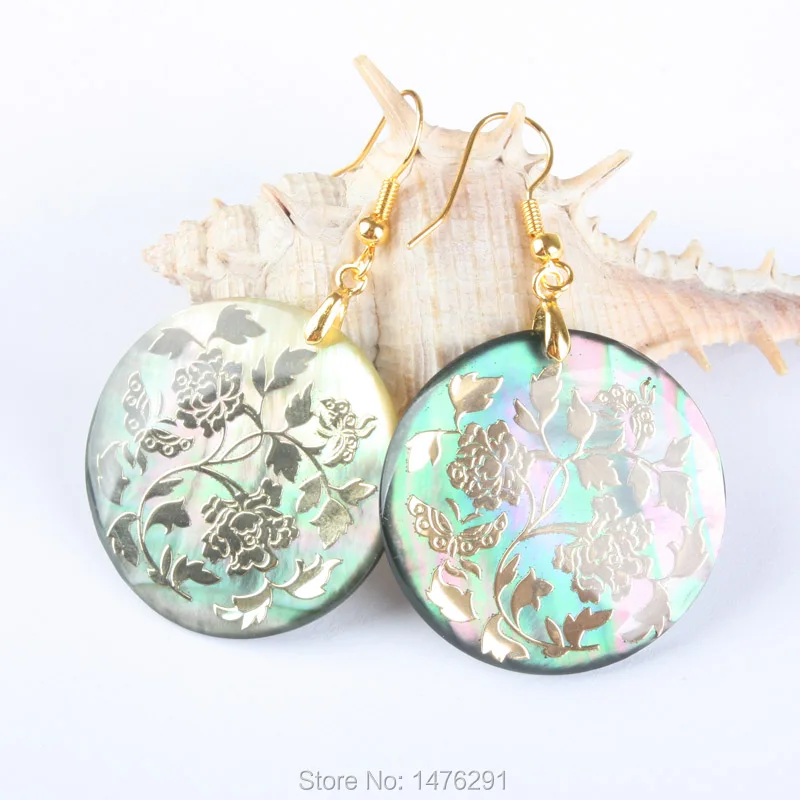 Цветные круглые серьги подвески 32x32 мм с натуральным жемчугом и розами 1 пара|dangle