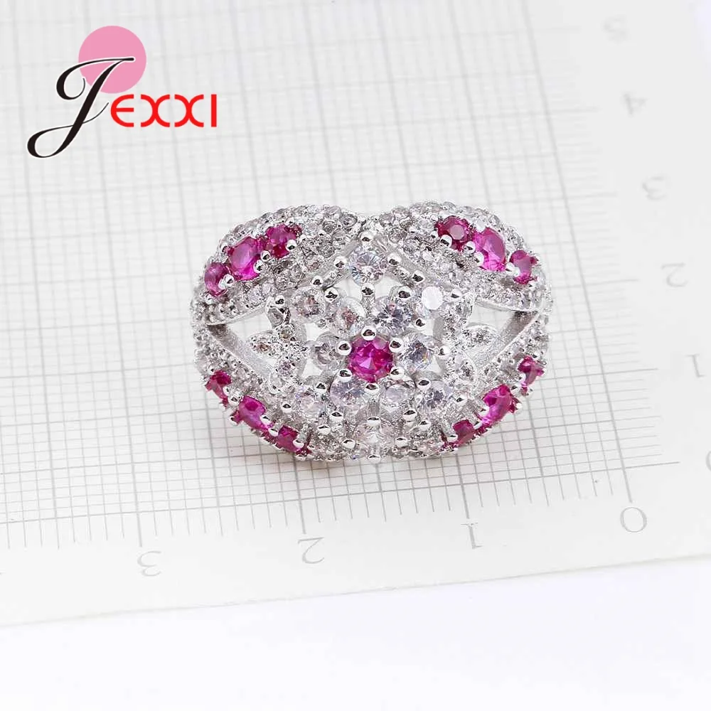 2 цвета белый/фуксия Кристалл Дамы Bijoux Мода полые обручальные Anel чистое серебро 925