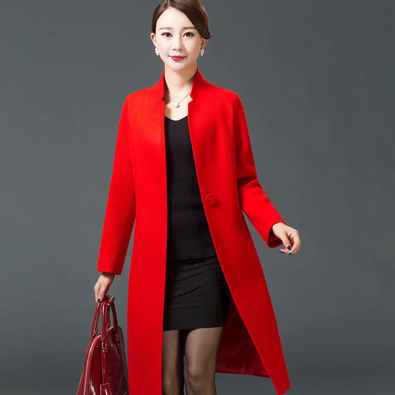 Модные однотонные длинные шерстяные пальто на одной пуговице приталенное