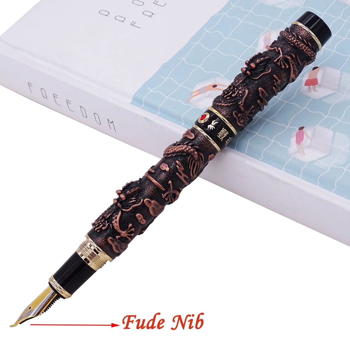 Винтажная красная медная перьевая ручка Jinhao двойной дракон каллиграфия перо Fude