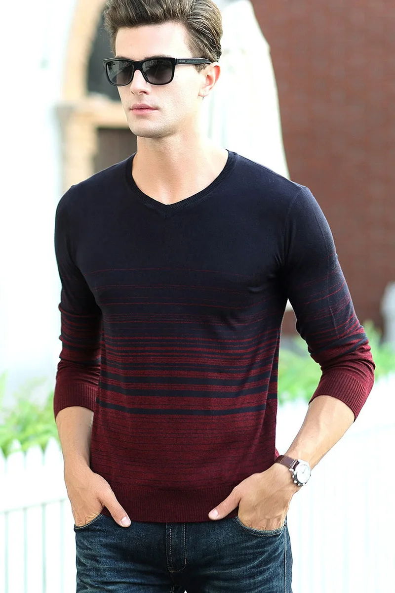 Мужской Хлопковый свитер с V образным вырезом в полоску|mens striped sweater|cotton sweater menmens