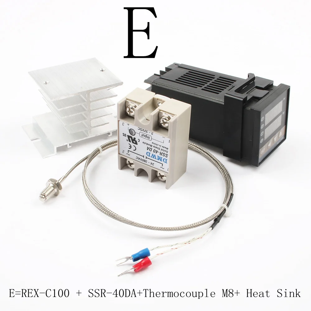 Digital 220 В PID REX-C100 Температура контроллер+ max.40A ССР релейный выход+ K термопары, PID контроллер Набор+ теплоотвод термометр цифровой - Цвет: E