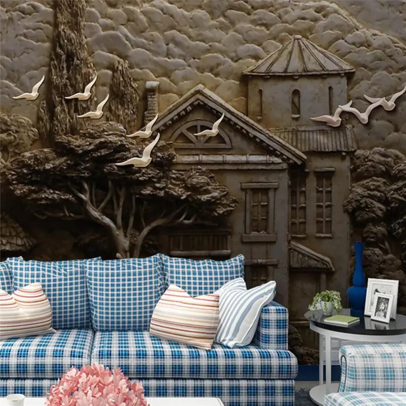 3d фотообои на заказ с рельефным рисунком леса большого дерева птиц фона