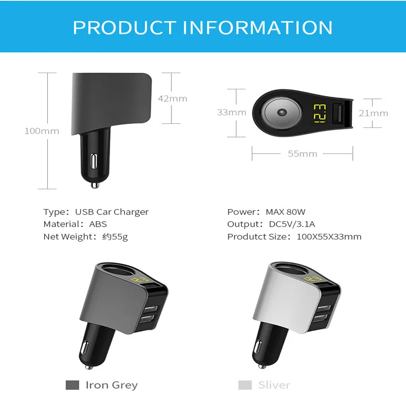 USB Автомобильное зарядное устройство Расширенный разъем для прикуривателя LED Mini