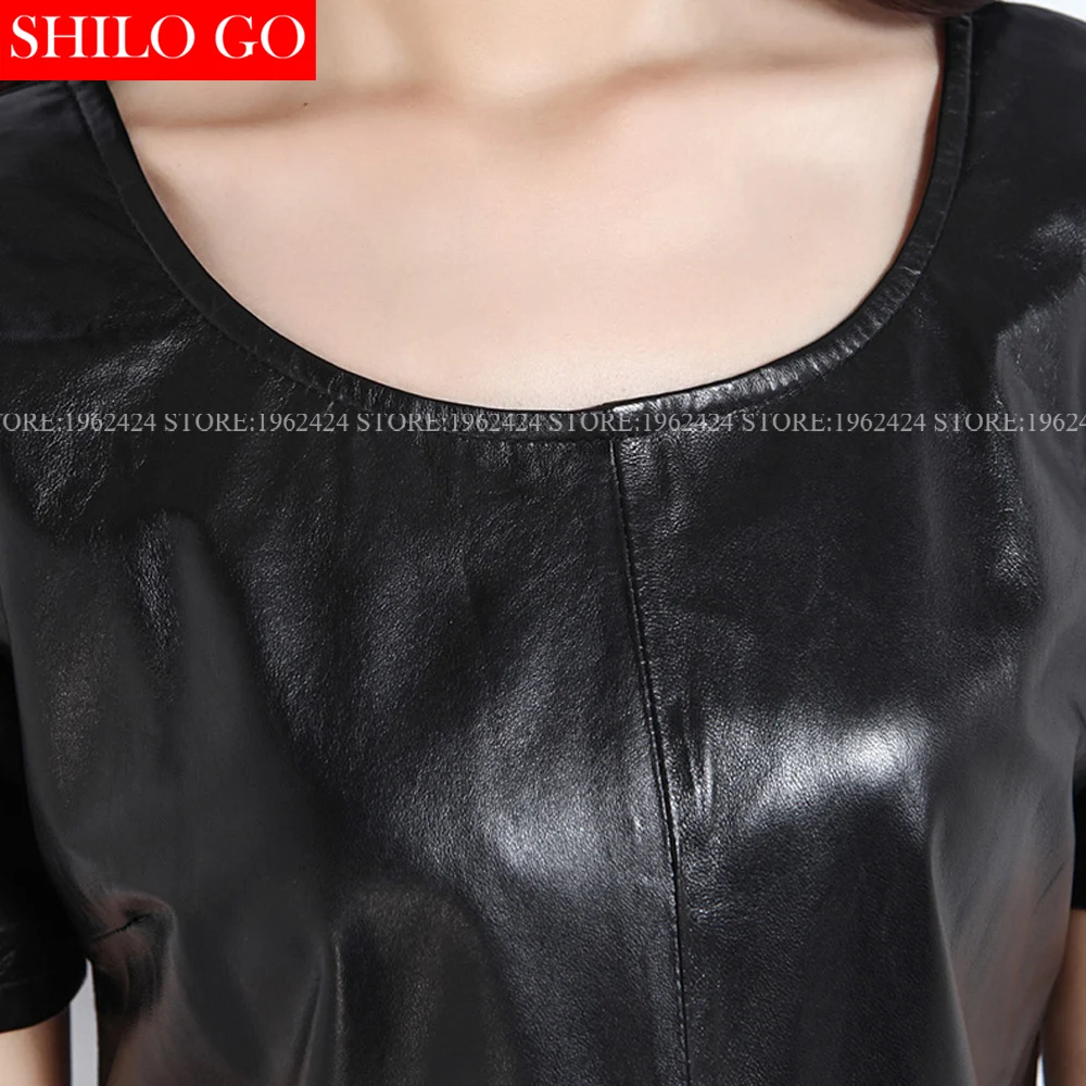 Plus size autumn winter fashion new women high quality sheepskin round neck short sleeve stitching black leather dress 3XL | Женская