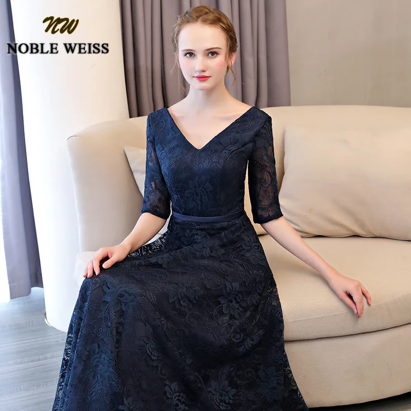 NOBLE WEISS Luxury Navy Blue Lace Evening Dresses Sexy V-neck Long Floor Length Robe De Soiree A-line Tulle Party Prom Gowns | Свадьбы и