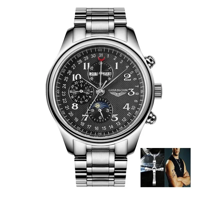 silver black steel Оригинальные механические часы GUANQIN, мужские автоматические часы с защитой от ветра, водонепроницаемые военные мужские наручные часы, мужские часы - Цвет: silver black steel