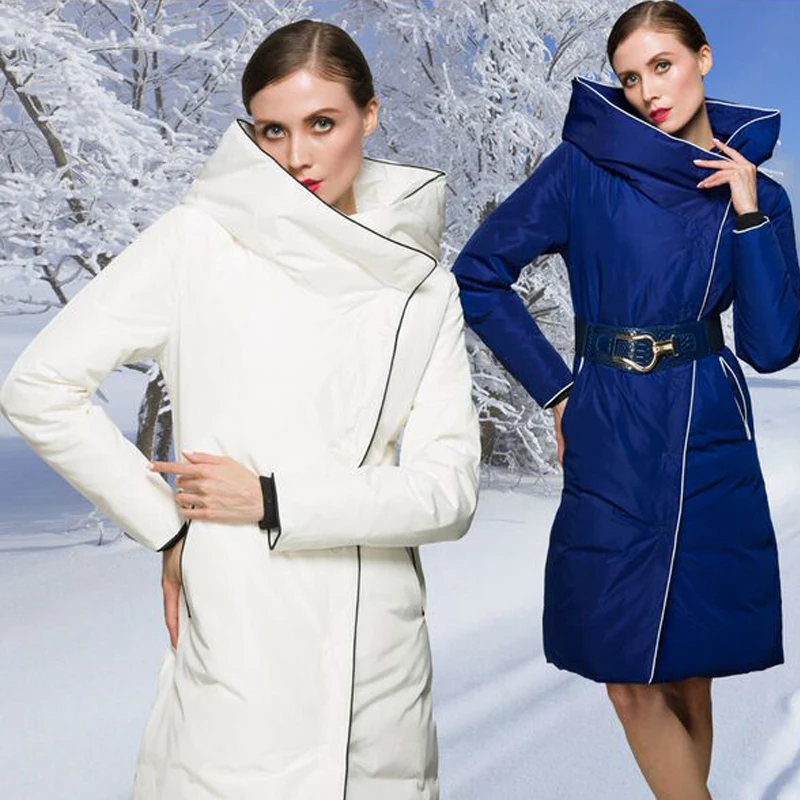 Женское длинное пуховое пальто парка на белом утином пуху в европейском стиле