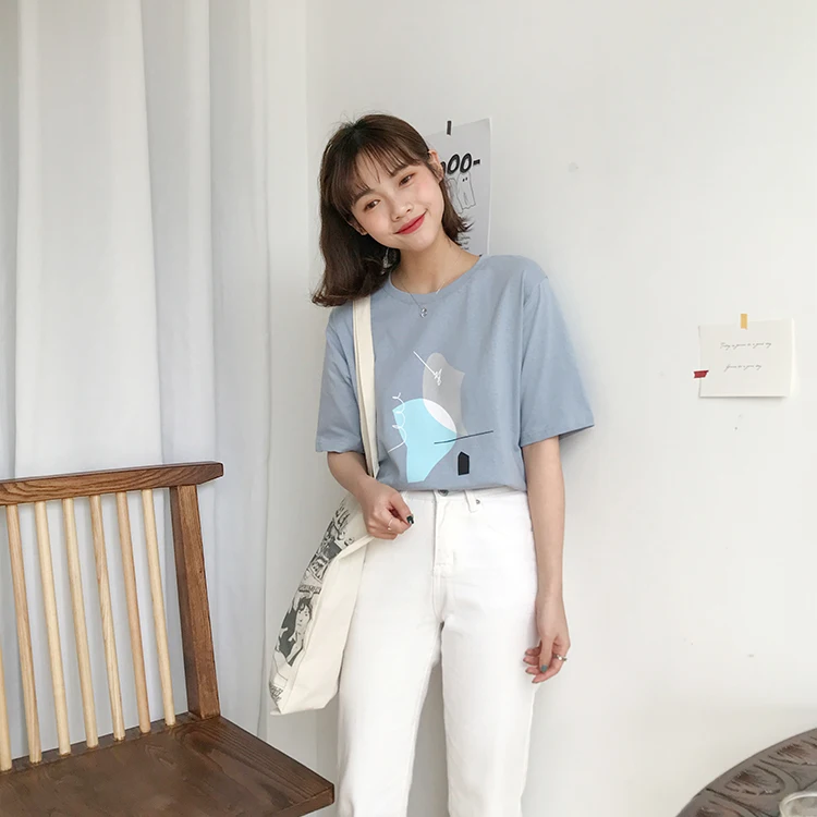 4 цвета лето 2019 корейский стиль Цветные Лоскутные свободные хлопковые футболки с