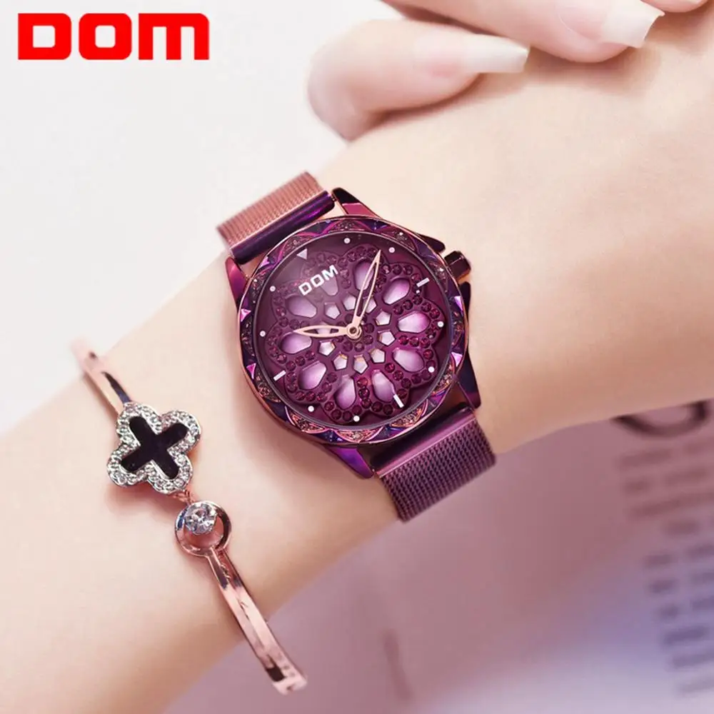 DOM Модные женские розовые с золотыми цветами и стразами Роскошные наручные часы