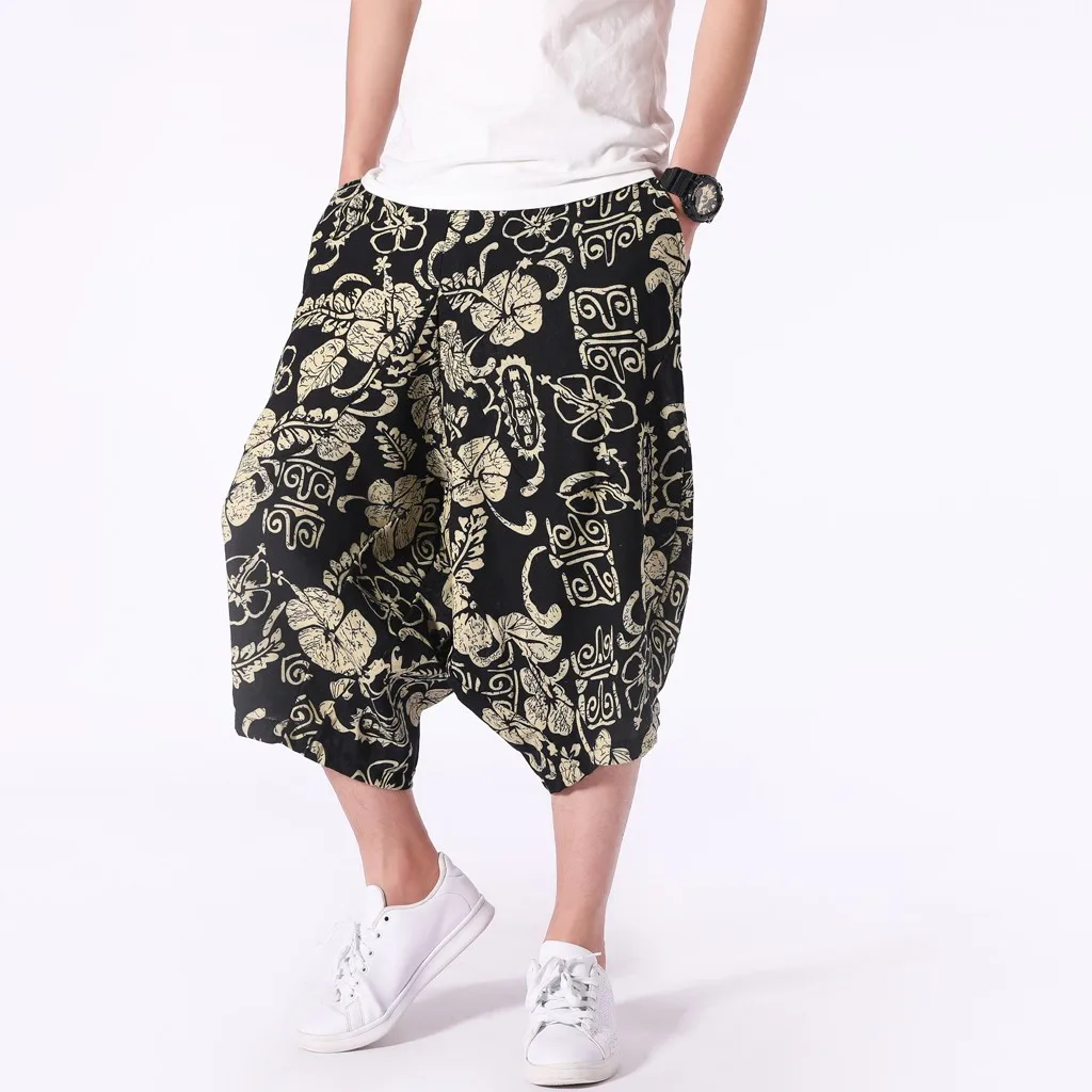 Мужские шаровары с широким шаговым швом летние повседневные хлопковые льняные