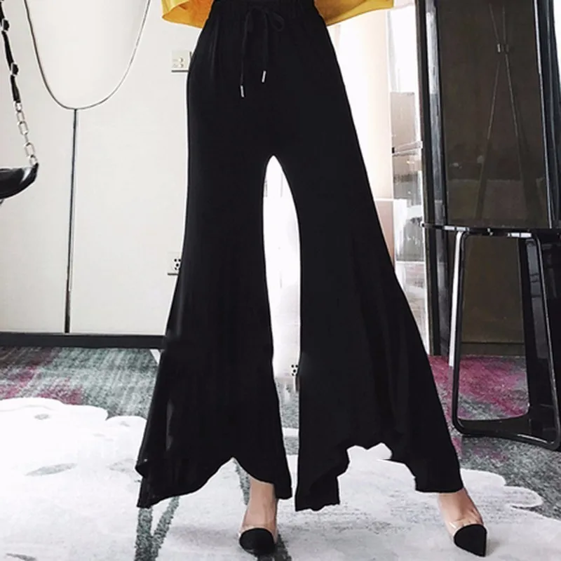 TWOTWINSTYLE Lace Up Pants Female High Waist Elastic Irregular Oversize Long Flare Trousers Autumn 2018 Fashion OL Clothing | Женская