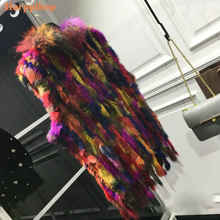 Женский трикотажный жилет из натурального кроличьего меха с воротником енота|fur