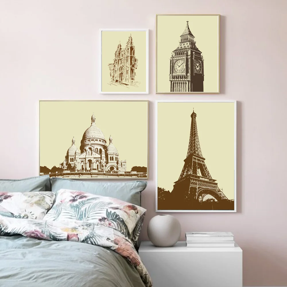 

Paris Tower London Big Ben Retro Posters Wall Art Canvas Printing Nordic Posters and Prints Wall Pictures for Living Room Decor