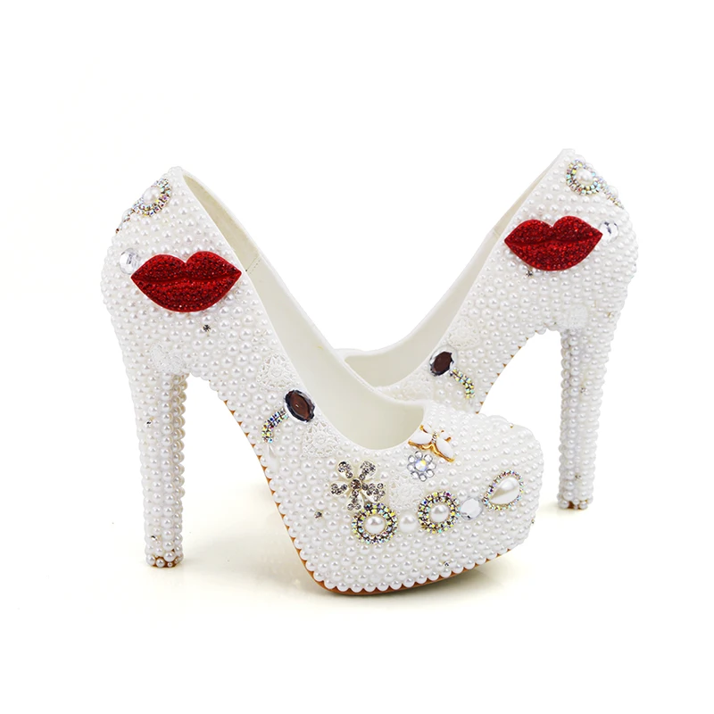 Женские туфли на высоком каблуке белый жемчуг с красными губками Свадебная обувь