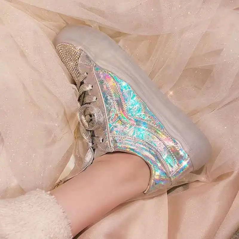 Обувь с кристаллами, женские кроссовки на массивном каблуке, zapatos de mujer, украшенные стразами, chaussures femme, женская обувь, серебристая блестящая Лоскутная обувь