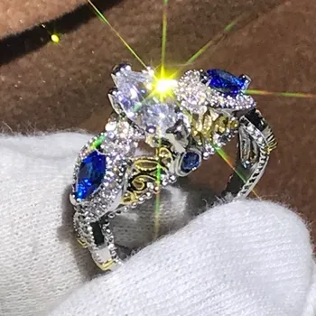 Size6-10 New Arrival Sparkling Fashion Jewelry 925 Sterling Silver Filled Marquise White&Blue CZ Party Vintage Wedding Band Ring