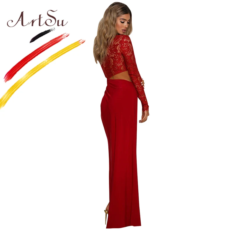 ArtSu сексуальное Клубное платье на одно плечо лоскутное кружевное макси женское