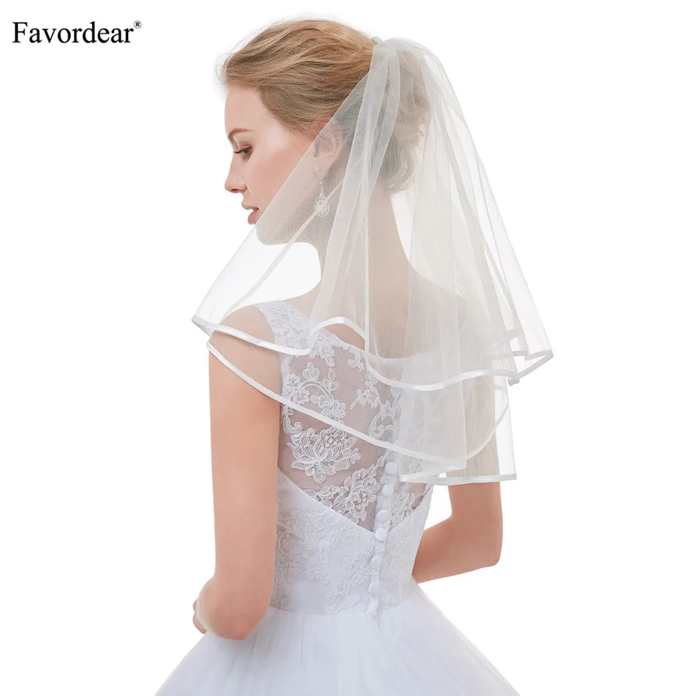 Favordear Top Quality Cute Short Veils for Short Hair Brides Flower Girl Veils Ivory Simple Ribbon Edge Wedding Veil for Brides