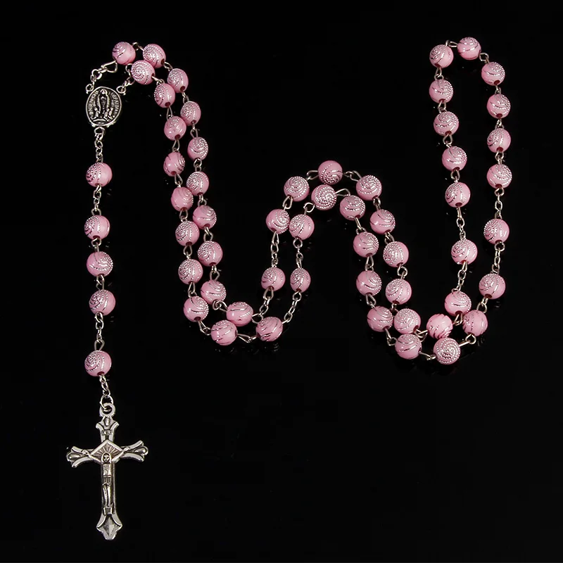 

Catholic Heart Shaped Plastic Bead Rosary Necklace with Maria Center Chain Rosary Necklace Jewelry Gift