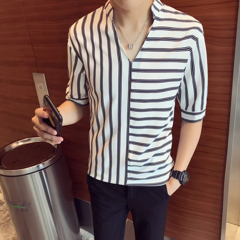 Мужская трендовая черно белая рубашка в полоску с воротником стойкой