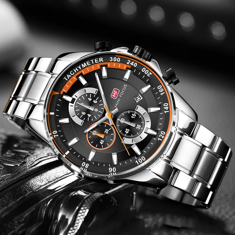 MINI FOCUS Men's Business Dress Watches Stainless Steel Luxury Waterproof Chronograph Quartz Wrist Watch Man Silver 0218G.03