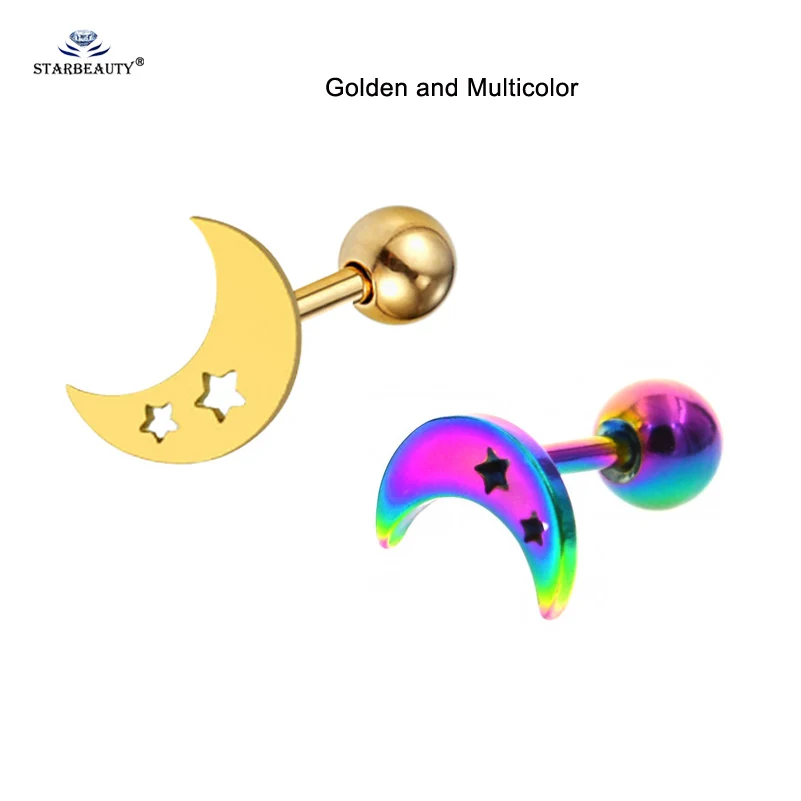 Golden andMulticolor 2 шт./партия 1,0x6 мм Горячая звезда Луна хряща серьги шпилька Спираль пирсинг для пупка пирсинг Oreja пирсинг Orelha уха ювелирные изделия - Окраска металла: Golden andMulticolor
