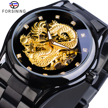 Forsining Luxury 3D Engraved Golden Dragon Automatic Mechanical Men Watches Stainless Steel Band Sports Self-winding Wrist Watch