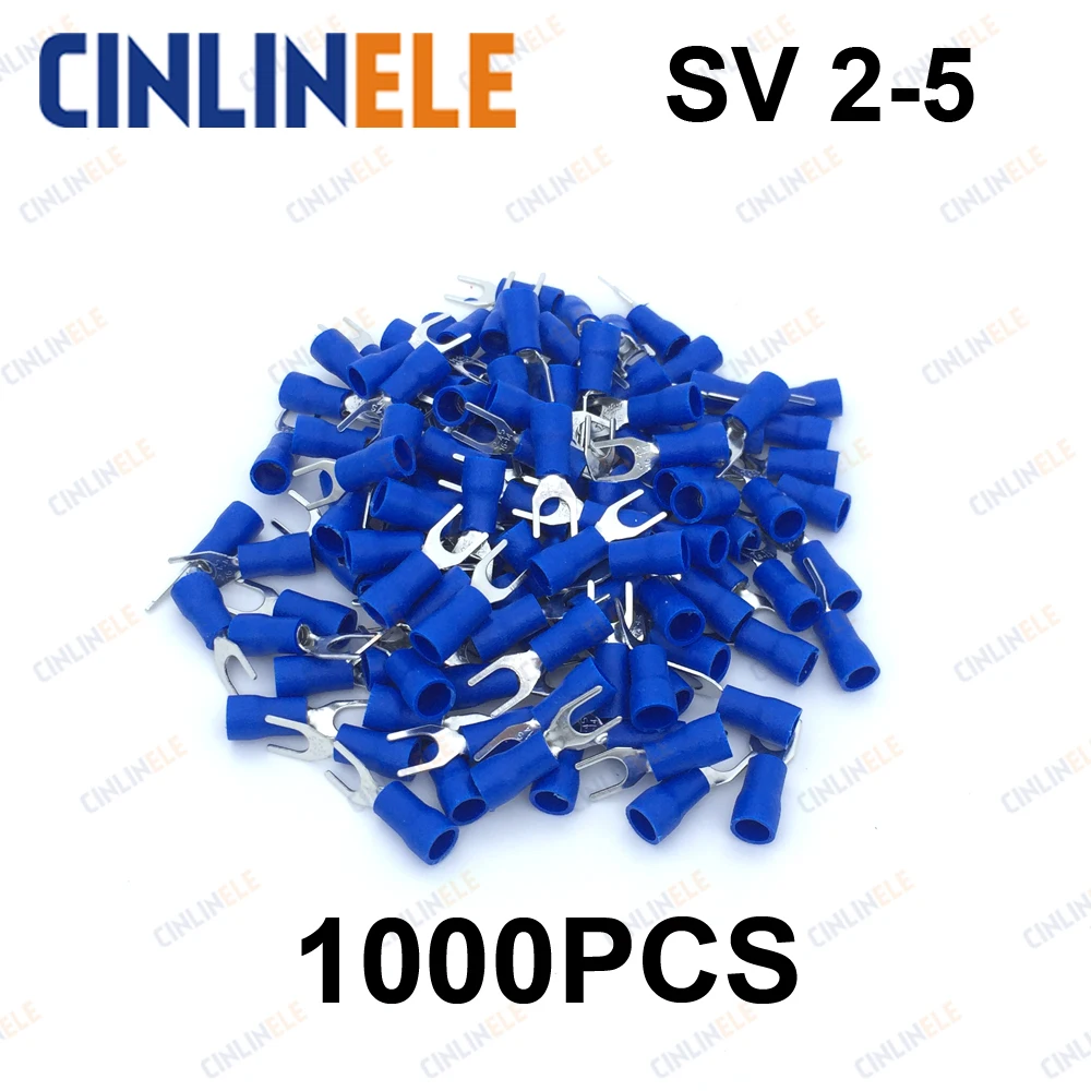 

1000pcs Crimp Terminal SV2-5 AWG16-14 1.04-2.63mm^2 Crimp Fork Spade terminals Fork Terminal Brass SV2.5-5