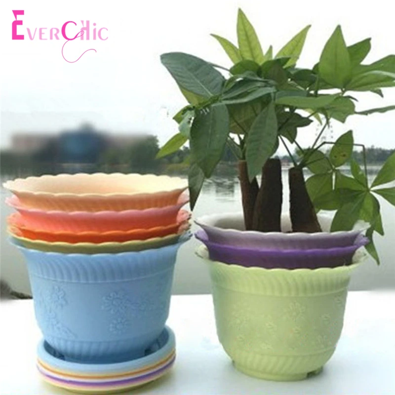 Большой цветочный горшок цветной круглый пластиковый для растений украшение