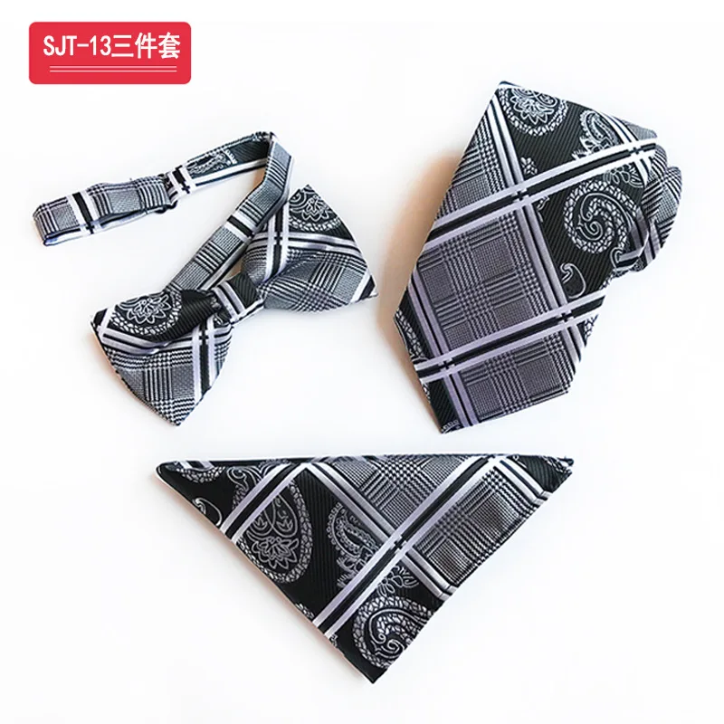 SJT-13 Charm Dark Blue Background Purple Paisley Ties&Bow Tie&Hanky Set Luxury Purple Jacquard Wedding Gift - Цвет: SJT-13