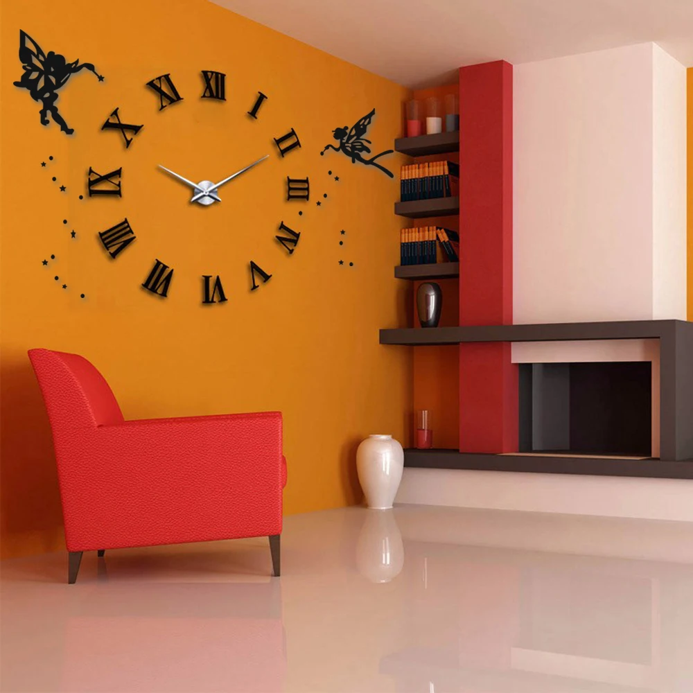 Большие настенные часы с ангелом, 3D, DIY, большие кухонные часы, римские цифры, акриловые зеркальные наклейки, большие настенные часы для гостиной