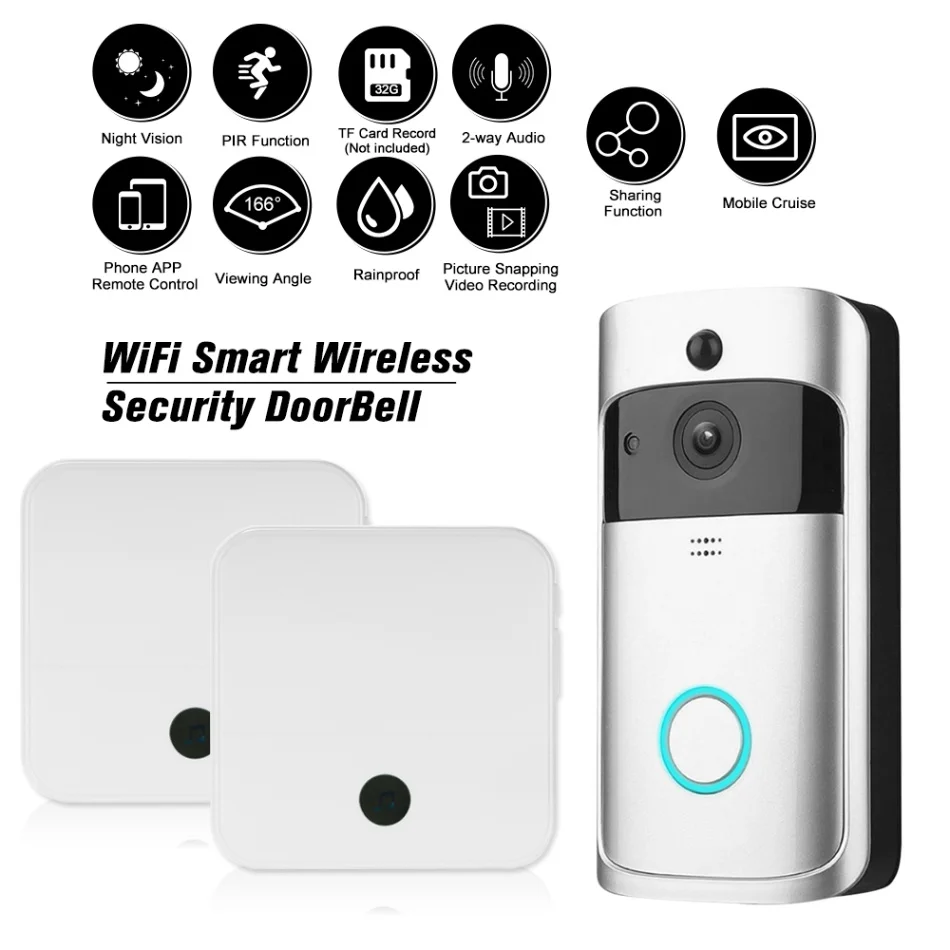 Silver 2pcs Doorbell WiFi умный беспроводной дверной звонок безопасности HD 1080P визуальный домофон Запись Видео дверной телефон Удаленный домашний мониторинг с дверным звонком - Цвет: Silver 2pcs Doorbell
