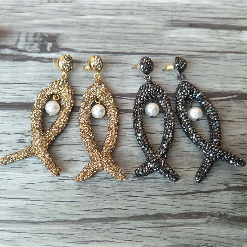 

5 Pairs natural pearl dangle Earrings,handmade Fish shape Pave Crystal Rhinestone Charm Jewelry earrings ER321