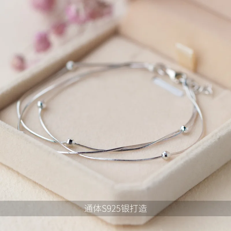 Многослойный/3 рядный браслет из серебра 925 пробы с шариками на удачу