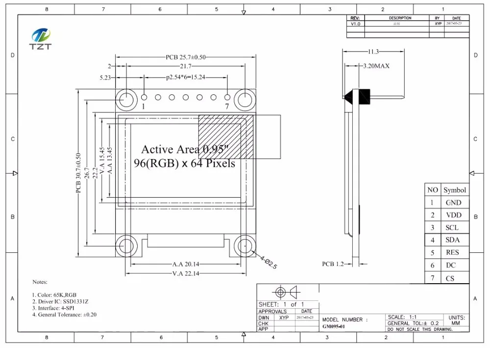 0.95 дюймов полноцветный OLED Дисплей модуль с 96x64 Разрешение, SPI, параллельный Интерфейс, SSD1331 контроллер 7PIN