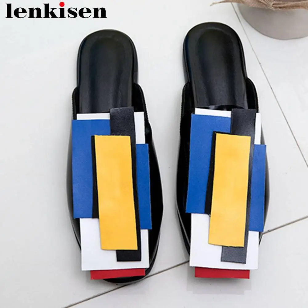 Lenkisen/разноцветные удобные шлёпанцы из высококачественной искусственной кожи на низком каблуке с круглым носком; Оригинальная дизайнерская женская обувь без застежки; большие размеры; L7f2