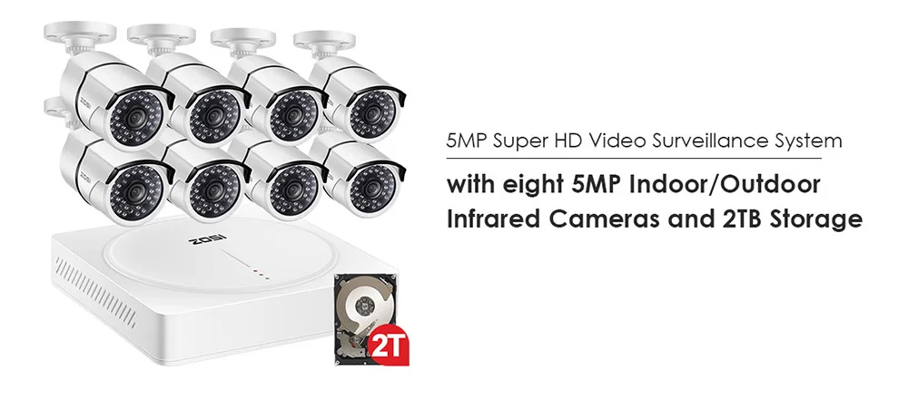 ZOSI 8CH HD 5.0MP H.265+ безопасности Камера Системы с 8x5 Мп 2560*1920 на открытом воздухе/Крытый CCTV Камеры Скрытого видеонаблюдения 2 ТБ жесткого диска