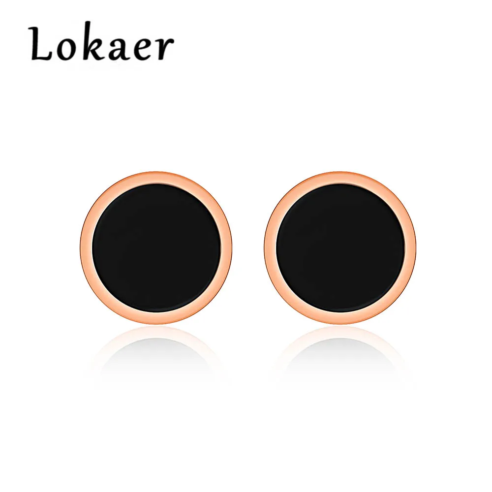 Lokaer, нержавеющая сталь, минималистичные серьги, Простое розовое золото, черный круг, серьги-гвоздики, геометрическое ювелирное изделие для женщин, LGE352
