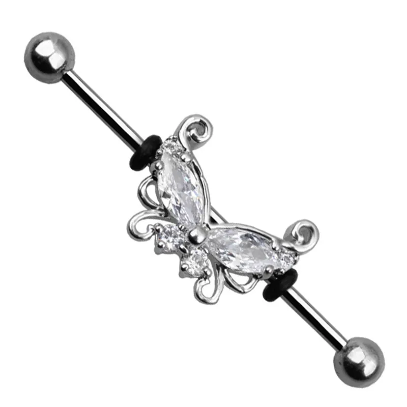 Серьга-штанга из нержавеющей стали с кристаллами и бабочкой ювелирное изделие в