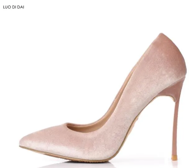 Женские вельветовые туфли на тонком каблуке для вечеринок с острым носком без