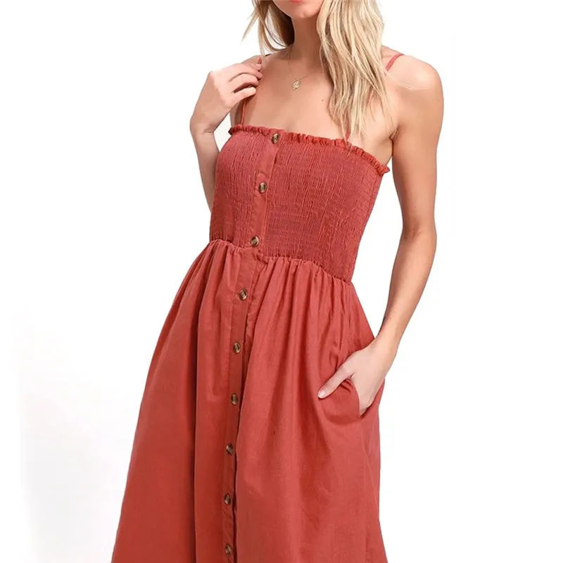 Модное летнее платье на пуговицах с карманом талии для женщин открытыми плечами