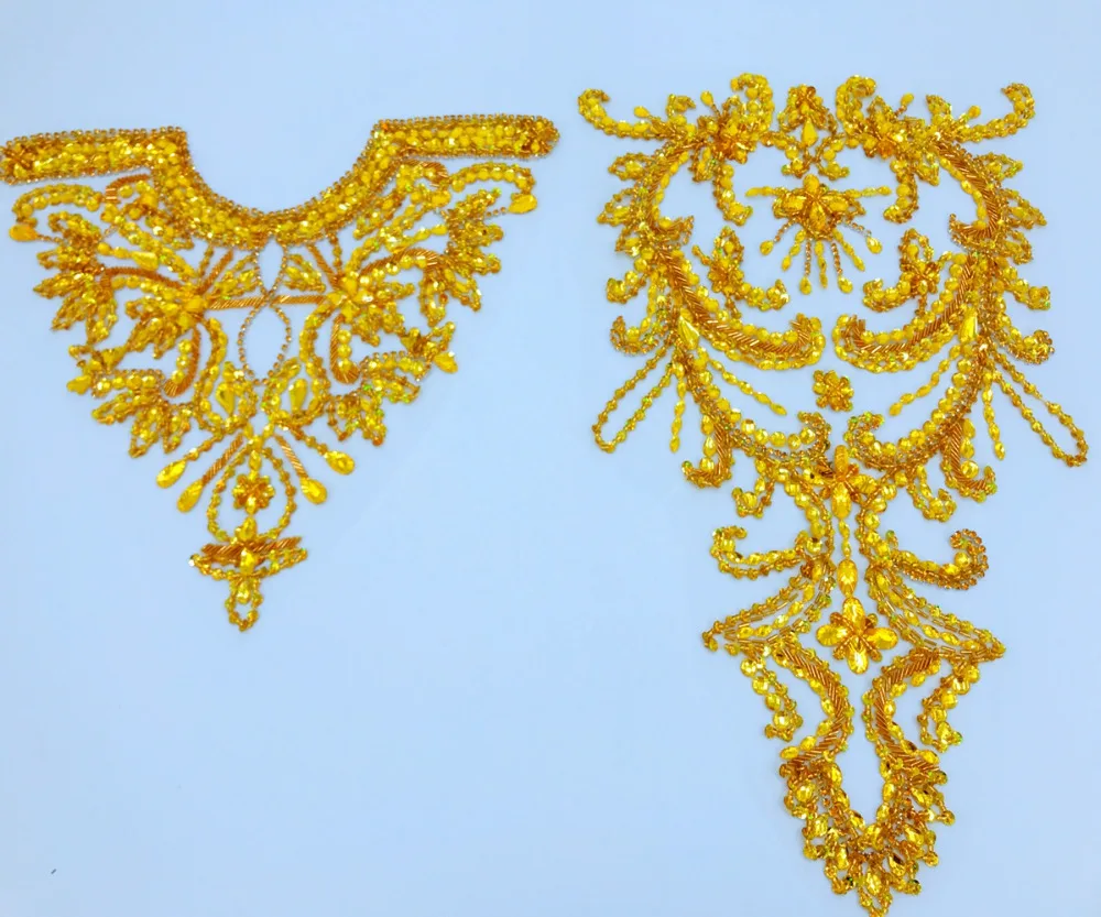 Золотисто-желтая Стразы ручной работы аппликация на сетке пришивная ткань 34*41 см