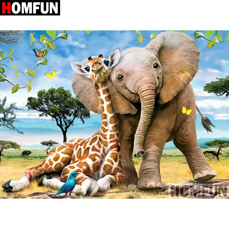 

Алмазная 5D картина HOMFUN «сделай сам», полноразмерная/круглая вышивка крестиком «Слон, жираф», подарок для домашнего декора, A00769