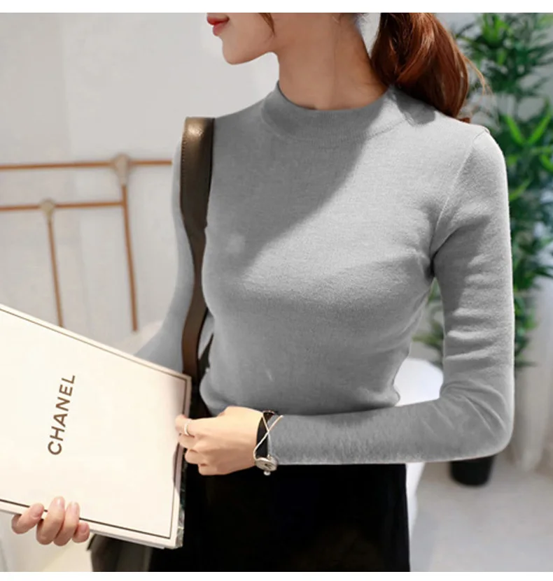 Autumn Winter Women Pullovers Sweater Knitted Elasticity Jumper Slim Half Turtleneck Warm Female White Black Sweaters Tops Femme | Женская