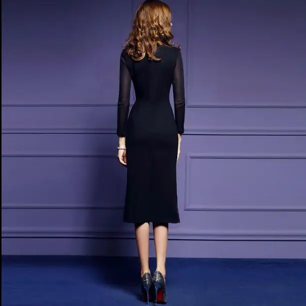 Женское винтажное платье с вышивкой черное трикотажное в стиле ретро 2019 | Женская