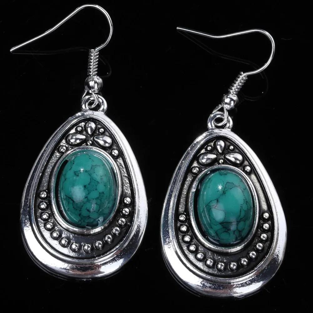 Мода Watrdrop резная зеленая инкрустация тибетская серебряная серьга Крючок для