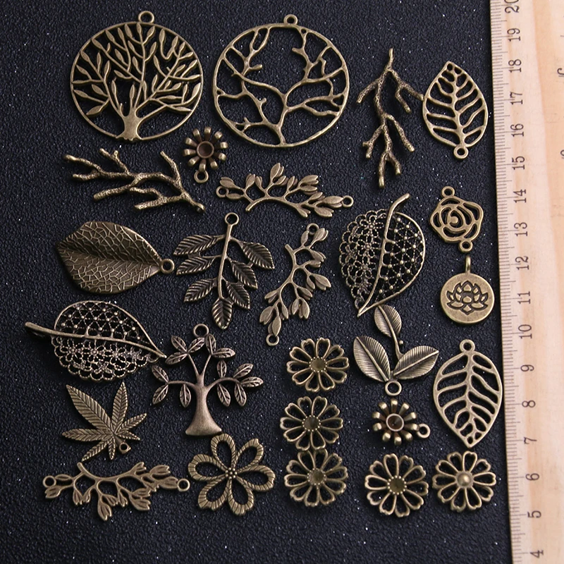 10pcs Vintage Metal Antique Bronze Mix Size/Style Leaf Flower Tree Charms Plant Pendant for Jewelry Making Diy Handmade Jewelry